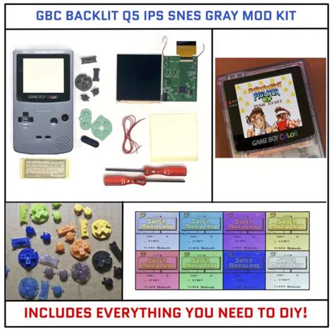 NINTENDO GAME BOY Color GBC Q5 IPS Backlit KIT SNES GRAY Shell Button