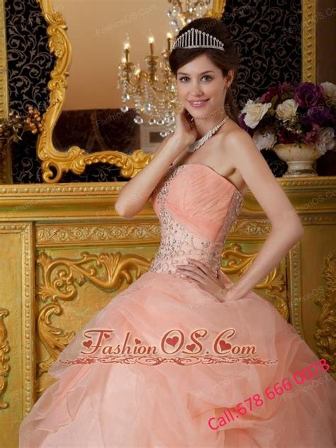 Romantic Baby Pink Quinceanera Dress Strapless Organza Beading Ball Gown