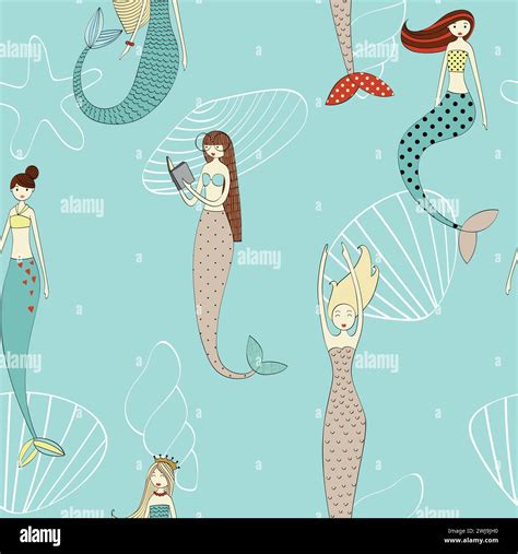 Vector Cute Seamless Pattern With A Mermaids And Seashells For Fabric