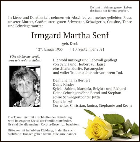 Traueranzeigen Von Irmgard Martha Senf Trauer Rheinmain De