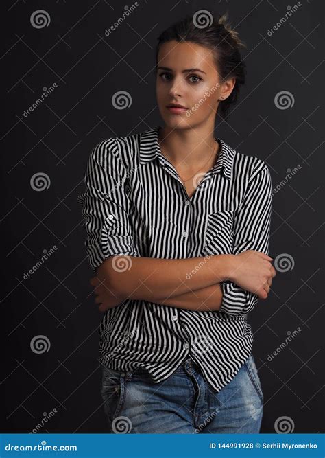 Model Cute Female Brunette Posing Isolated At Black Stock Photo Image Of Brunette Body