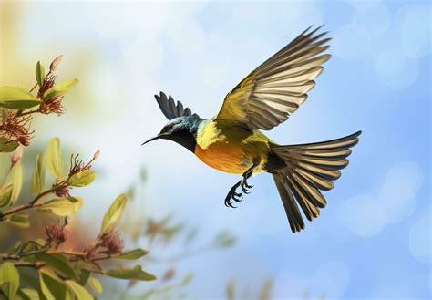 Olive Backed Sunbird Yellow Bellied Sunbird Flying In The Bright Sky