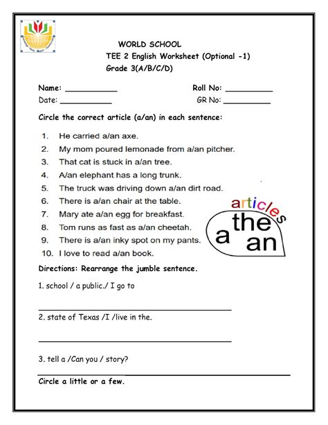 Birla World School Oman: Revision Worksheet for Grade 3 as on 14-03-2019