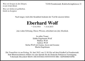 Traueranzeigen Von Eberhard Wolf Schwarzw Lder Bote Trauer