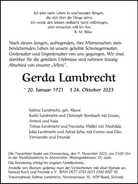 Traueranzeigen Von Gerda Lambrecht Trauerportal Ihrer Tageszeitung