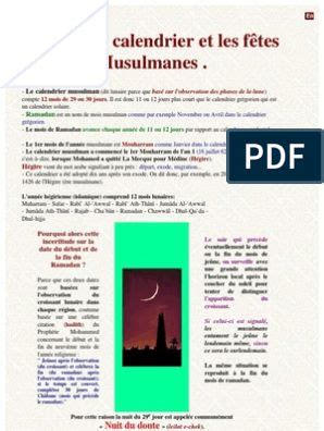 La Lune Le Calendrier Et Les Fêtes Musulmanes PDF Calendrier