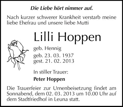 Traueranzeigen Von Lilli Hoppen Abschied Nehmen De