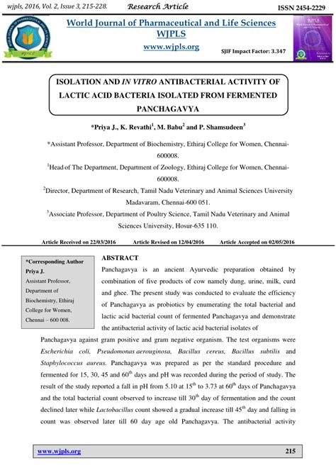 Pdf Isolation And In Vitro Antibacterial Activity Of Lactic Acid Bacteria Isolated From