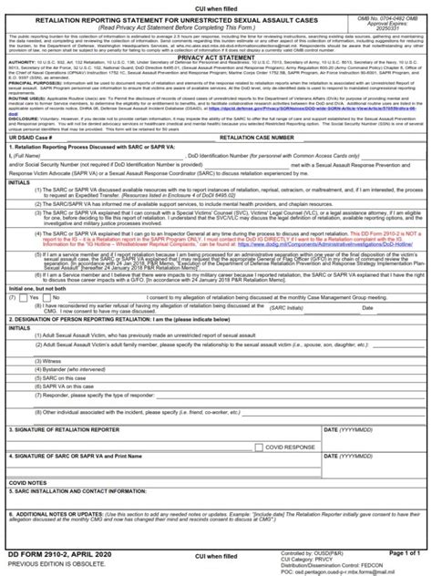 Dd Form 2910 2 Retaliation Reporting Statement For Unrestricted Sexual Assault Cases Dd Forms