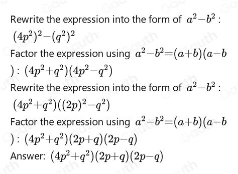 Solved: Resolve into factors. 16 p^4-q^4 [Math]