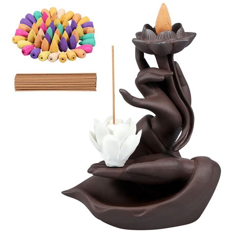 Pcapzz Lotus In Hand Cermaic Backflow Incense Burnerwaterfall Incense Burner With 50 Sandalwood