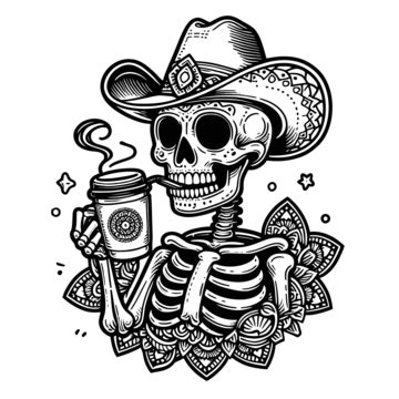 Calavera Está Tomando Café Con Su Sombrero De Vaquero Puesto PNG