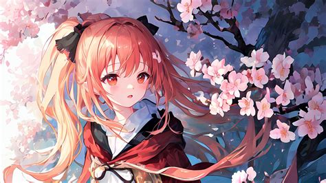 Brown Hair Anime Girl Pink Sakura Flowers Tree Branches Spring Season Hd Anime Wallpapers Hd