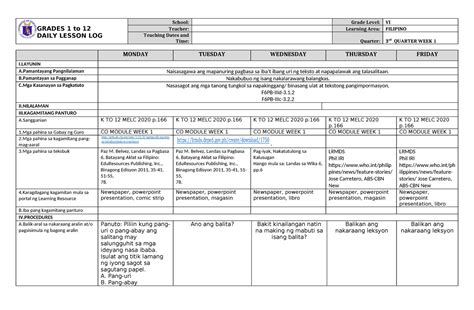 Dll Filipino 6 Q3 W1 Grades 1 To 12 Daily Lesson Log School Grade Level Vi Teacher Learning