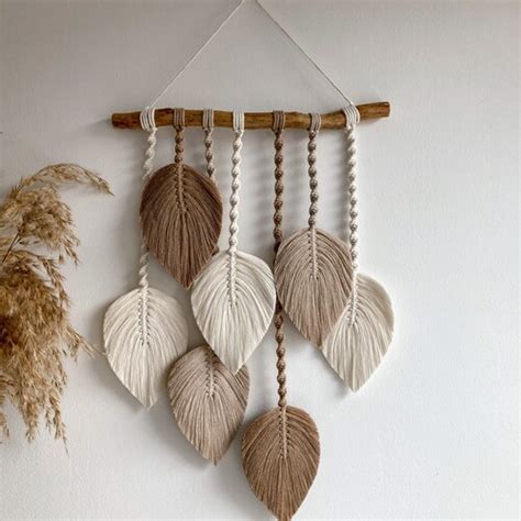 Macrame Wall Hanging Leaves Macrame Feather Modern Boho Etsy