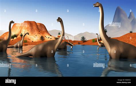 Brachiosaurus Dinosaurs Grazing In A Prehistoric Lake Stock Photo