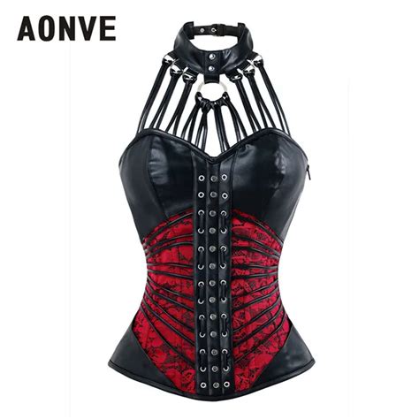 AONVE Choker Neck Corset Overbust Steampunk Women Black Red Korset