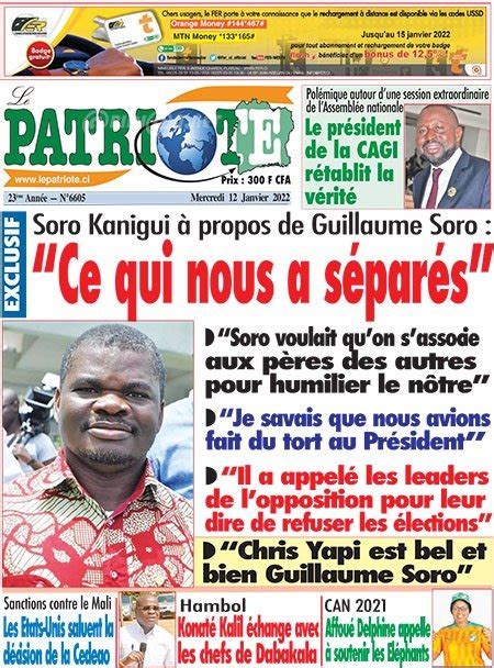 Titrologie De Le Patriote N Du Mercredi Janvier Abidjan