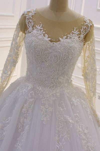 Gorgeous Bateau Long Sleeve Pearl Tulle Appliques Lace A Line Wedding