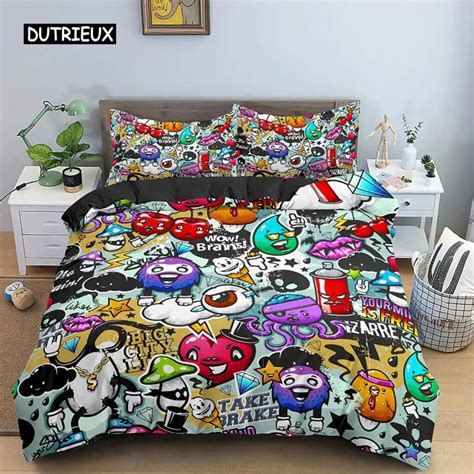 Graffiti Bedding Set Graphic Duvet Cover Tes Adult Hip Hop Hippie