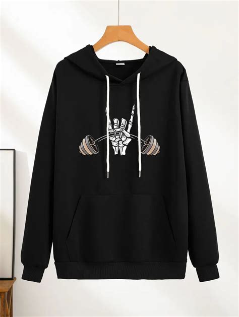 Skeleton Finger Print Kangaroo Pocket Hoodie Casual Long Temu