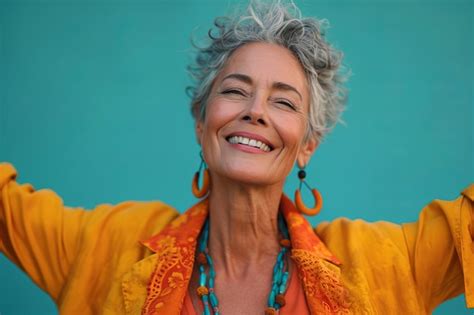 Premium Photo A Woman With Gray Hair Smiling And Holding Her Hands Up