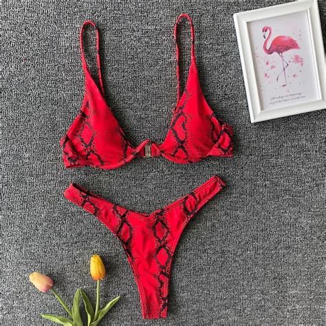 Red Snake Print Bikini Set With Buckle On Luulla