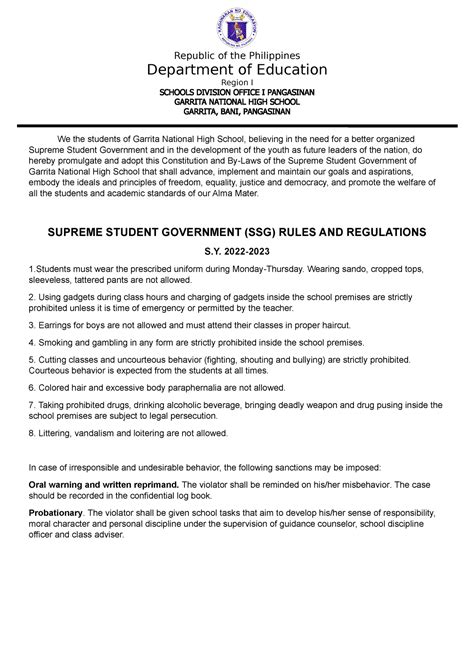 Ssg Rules And Regulations Republic Of The Philippines Department Of Education Region I Schools