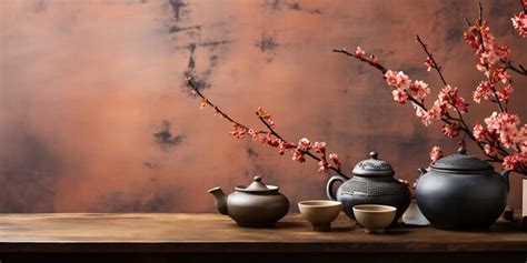 Premium AI Image | Tea ceremony with cherry blossom and teapot on table ...