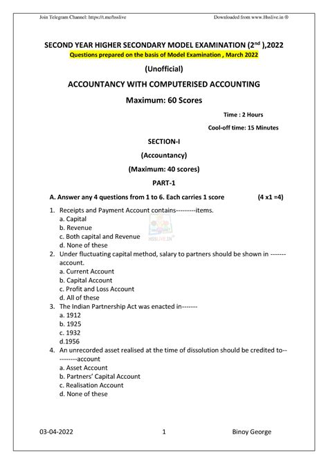 Hsslive Xii Accountancy Sample Question Paper By Binoy George