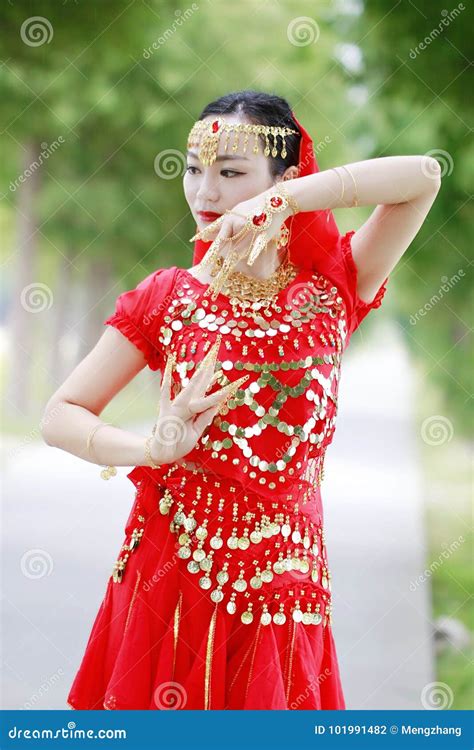 Asian Chinese Beauty Belly Dancer In Red India Stytle Dress Stock Photo