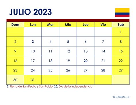 Calendario Julio 2023 Con Festivos Para Imprimir Colombia