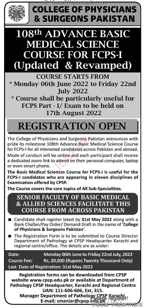 College Of Physician And Surgeons Pakistan Cpsp Fcps Course Job