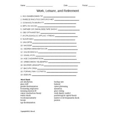 Work Leisure And Retirement Word Scramble For Human Development