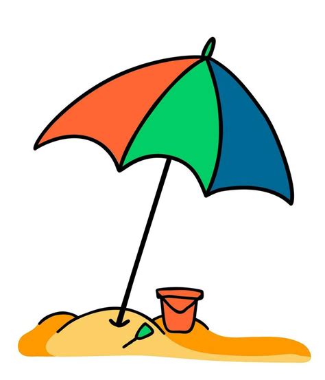 Beach Umbrella Bucket And Scoop On Tropical Beach In Doodle Style