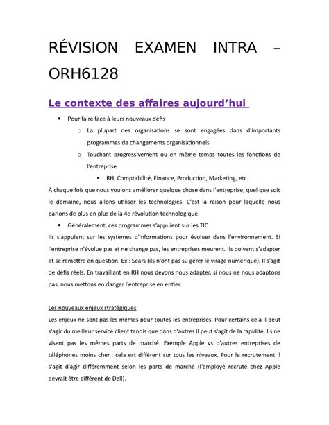 RÉ Vision Examen Intra RÉVISION EXAMEN INTRA ORH Le contexte des