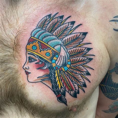 American Traditional Indian Girl Tattoo