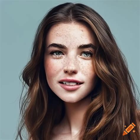 Portrait Of A Beautiful Young Woman With Freckles And Dark Brown Hair