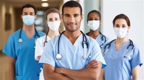 Premium AI Image | A group of doctors in scrubs stand in a hospital corridor.