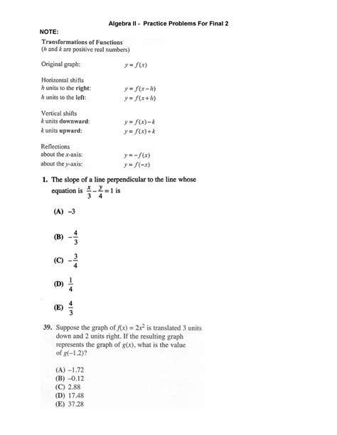 Algebra II Quarter 2 Final Practice Problems Algebra II Practice