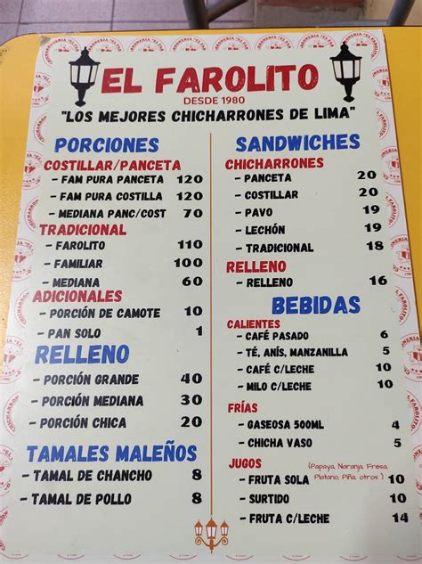 Carta Del Restaurante El Farolito Lince Prolongaci N Iquitos