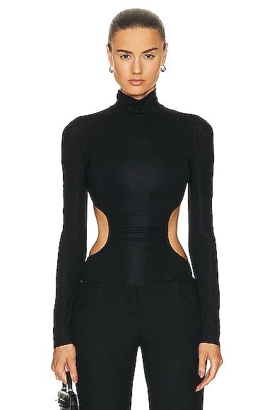 Mugler High Neck Long Sleeve Bodysuit In Black Nude Fwrd