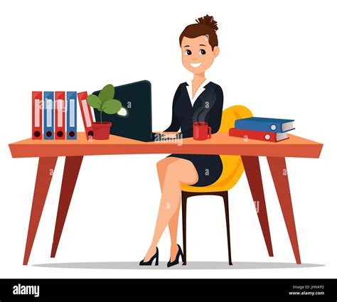 Business Woman Sitting At The Table Cute Cartoon Character Businesswoman Vector Stock Stock