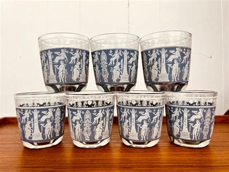 Set Of 7 Vintage Jeanette Glass Lowball Glasses Neoclassical Greco Hellenic Wedgwood Blue