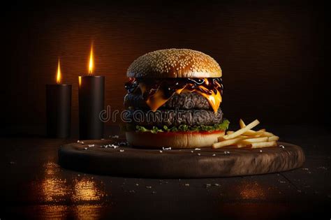 Craft Beef Burger And French Fries On Wooden Table Generative Ai Stock Illustration