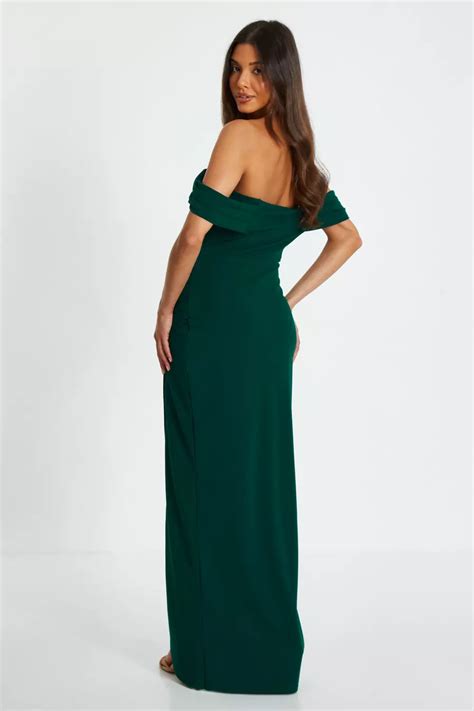 Bottle Green Bardot Ruched Maxi Dress Quiz Clothing