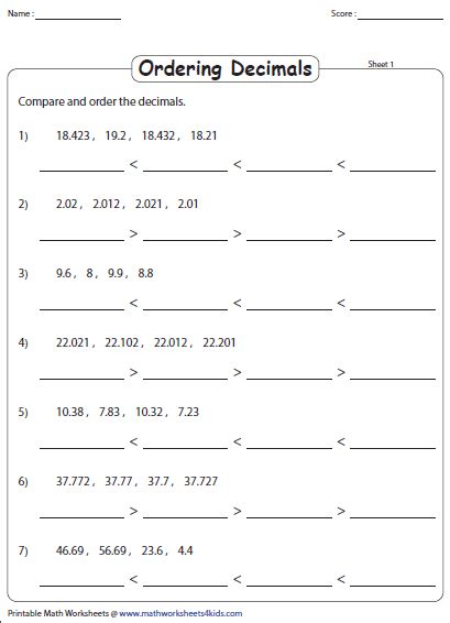 Ordering Decimals Worksheets