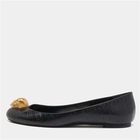 Alexander McQueen Black Lizard Embossed Leather Skull City Ballet Flats