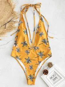 New Coconut Tree Print Bikini Sexy Tether Onepiece Nude Back Swimsuit Bikini Wholesale