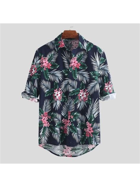 Mens Hawaiian Holiday Floral Printed Linen Cotton Turn Down Collar Half